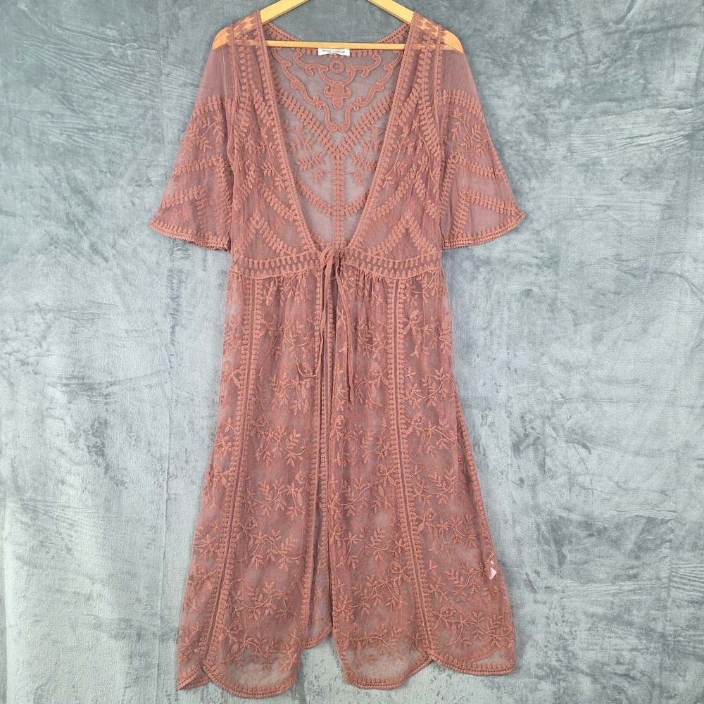 Womens Kimono Medium‎ Duster Sheer Tie Front Boho Festival Fairy Embroidered